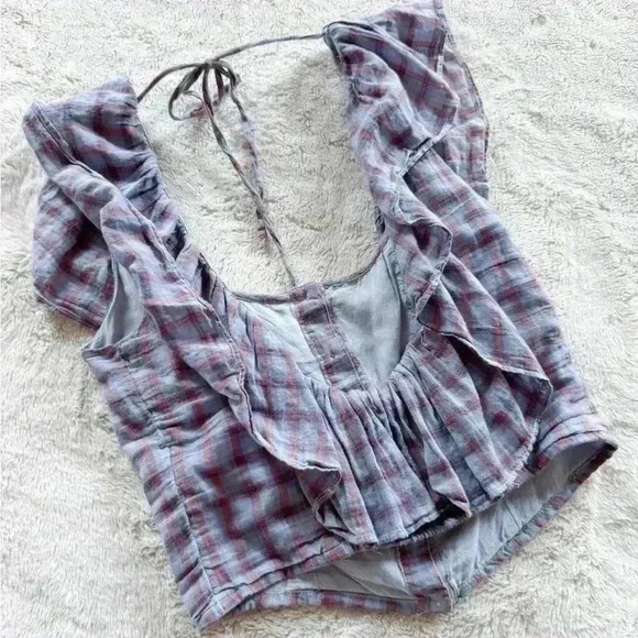 Free People Gone Rogue Ruffle Top Plaid Button Up size S - Picture 2 of 4